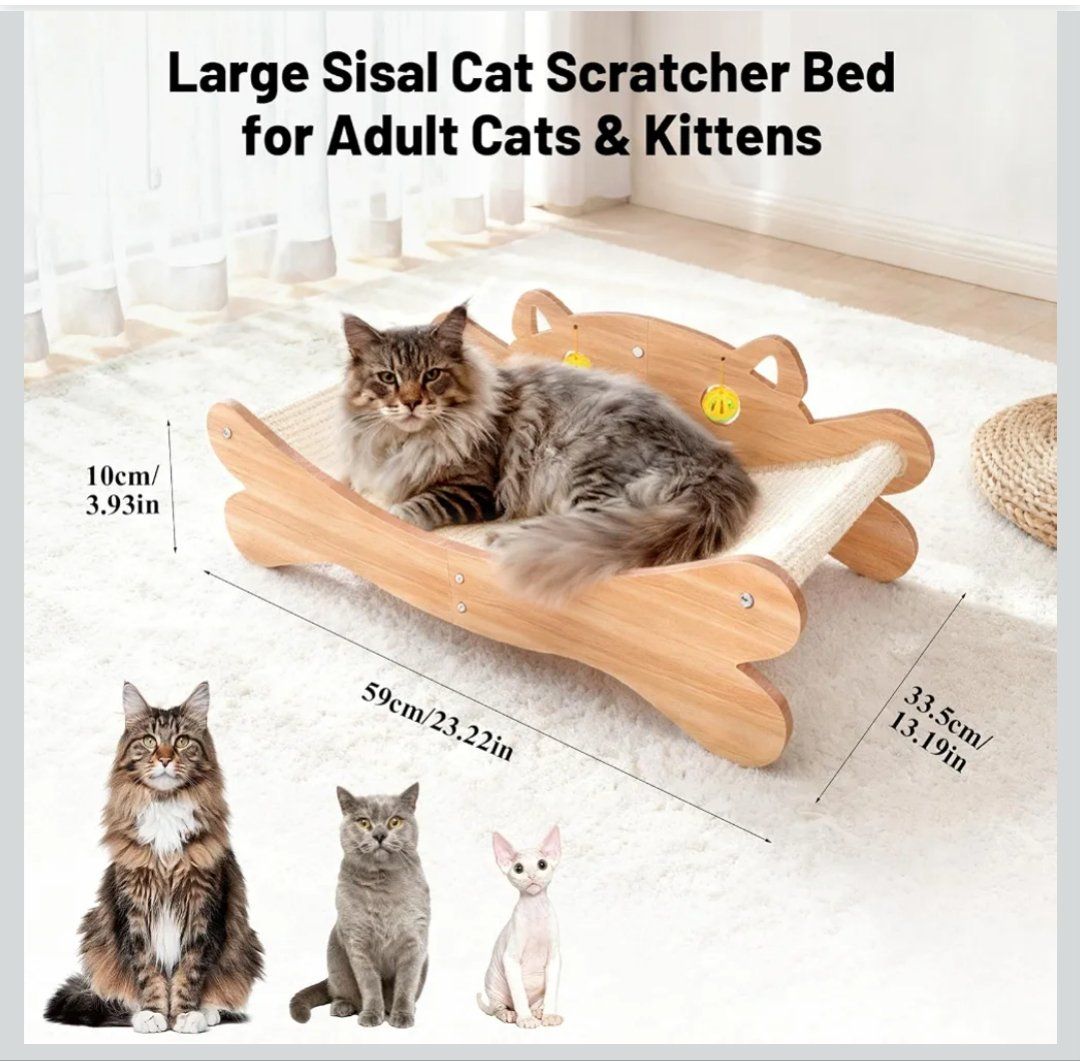 (3) Large Sisal Cat Scratcher Beds for Adult Cats & Kittens - Durable Wood & Sisal Scratch Pad