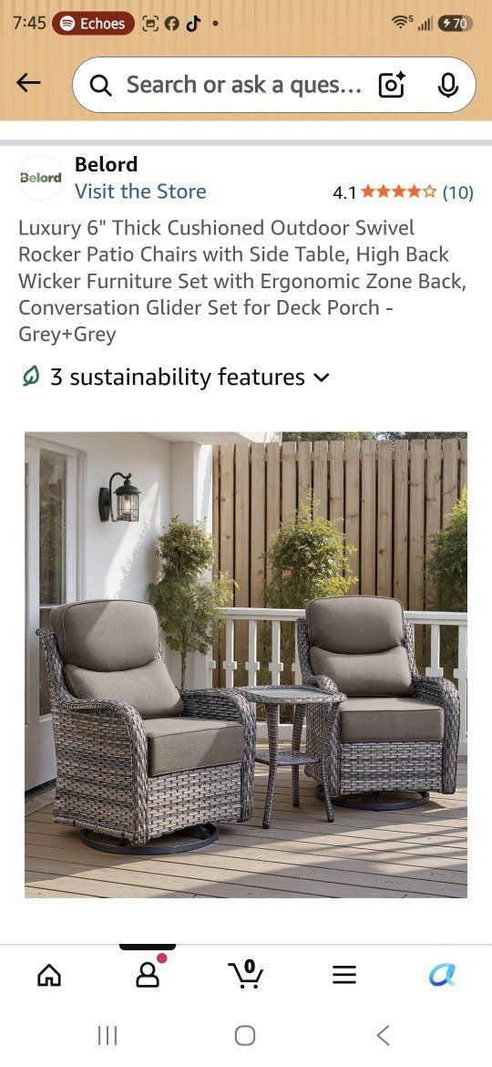 Belord Luxury 3-Piece Outdoor Swivel Rocker Patio Set, Grey Wicker, High Back, Side Table