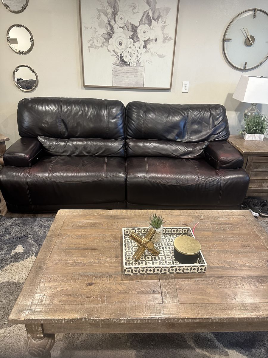 Used Brown Leather Reclining Loveseat with Center Console