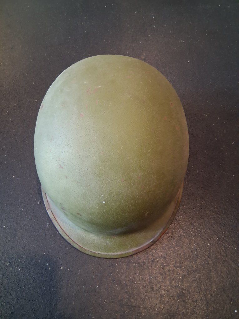 Vintage Military Green Steel Pot Helmet with Liner - Used Condition