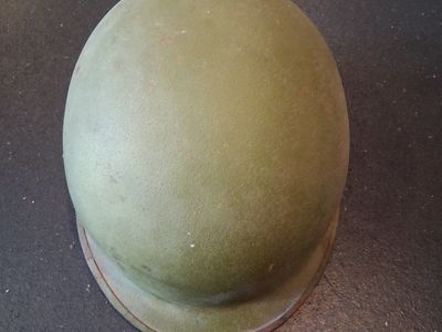 Vintage Military Green Steel Pot Helmet with Liner - Used Condition