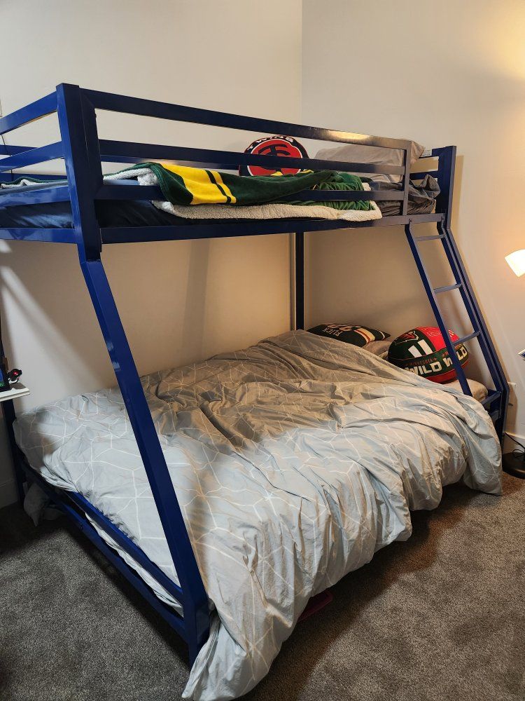 Blue Metal Twin over Full Bunk Bed Frame with Ladder - Space Saving Design
