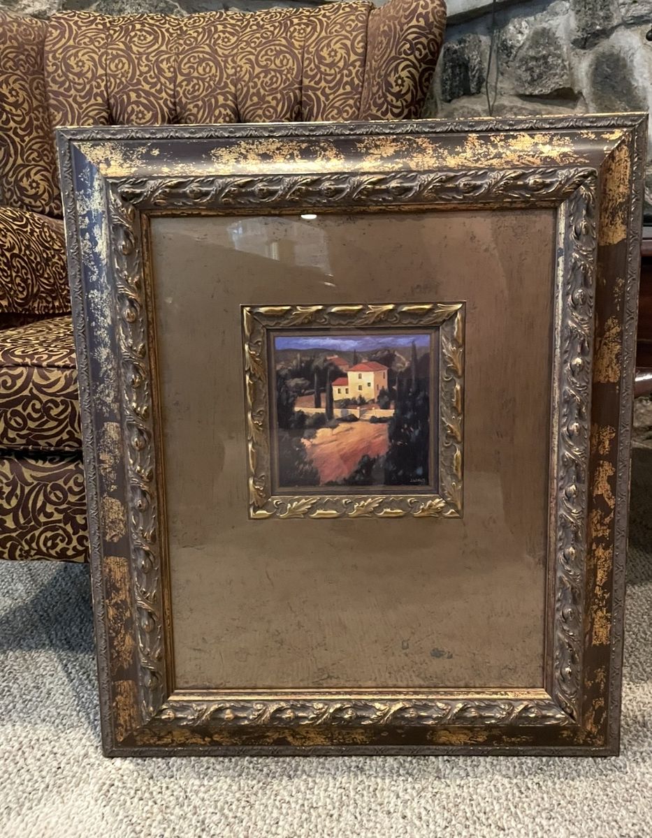 Framed Italian Villa Tuscan Landscape litho with Ornate Gold Wood Frame signed by artist James Wiens