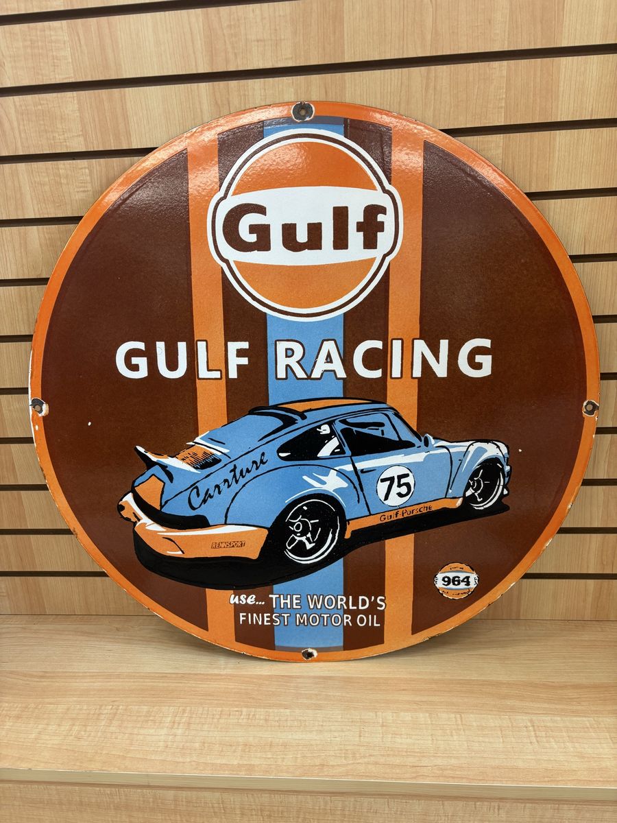 Vintage Gulf Racing Motor Oil Sign - Porsche 911 Car Picture - "World's Finest Motor Oil"