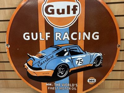 Vintage Gulf Racing Motor Oil Sign - Porsche 911 Car Picture - "World's Finest Motor Oil"