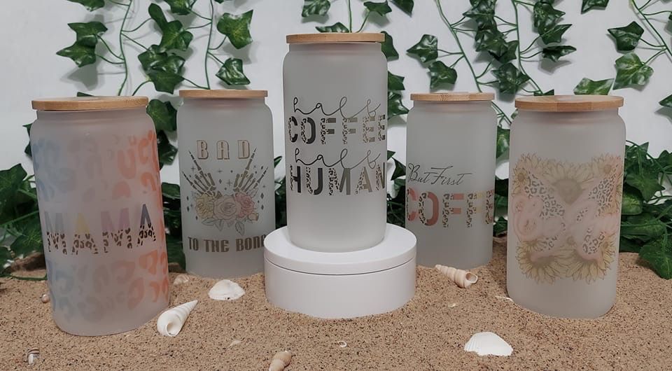 Frosted Glass Tumblers with Bamboo Lids - Fun & Unique Designs,16oz Beer Can Shape/ $10 each
