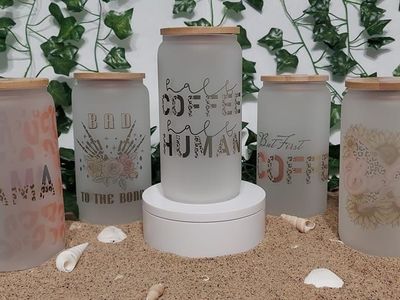 Frosted Glass Tumblers with Bamboo Lids - Fun & Unique Designs,16oz Beer Can Shape/ $10 each