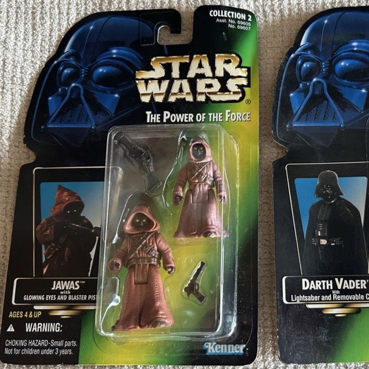 90’s Vintage Star Wars Kenner The Power of the Force Jawa x 2 Action Figures (Collection 2) Green Card