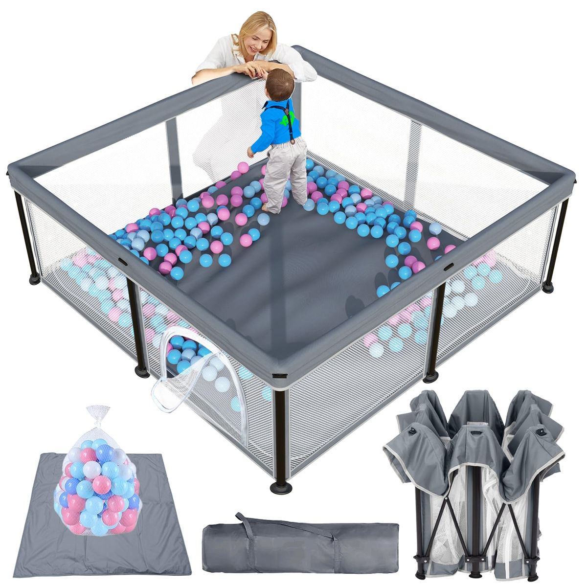 New Foldable Baby Playpen with Mat, 50"×50" Collapsible Play Pen for Babies and Toddlers