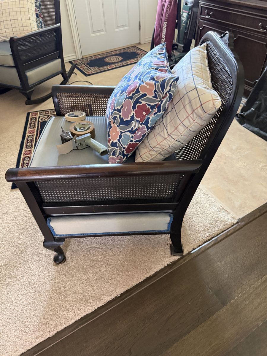 Vintage  Cane Chair Dark Wood Frame Upholstered Seat