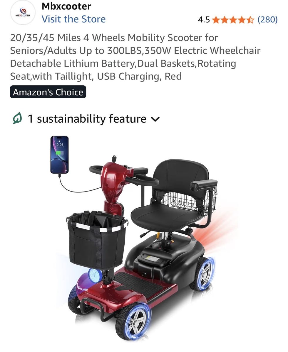 Mbxcooter Red 4-Wheel Electric Mobility Scooter for Seniors - 300lbs, 350W, 35 Miles Range