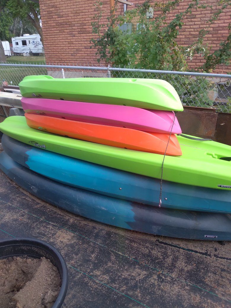 Colorful Kayaks - Set of 5 youth two adult and 1 paddle board/Sizes great for Summer Fun