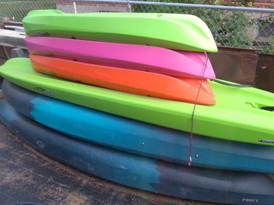 Colorful Kayaks - Set of 5 youth two adult and 1 paddle board/Sizes great for Summer Fun