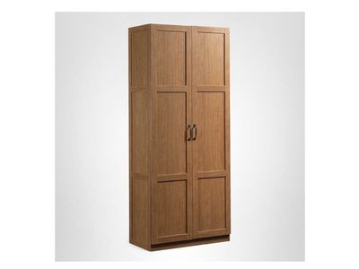 Tall Wooden Storage Cabinet/Wardrobe with Double Doors and Black Handles