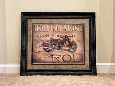 Framed Motorcycle Artwork about 40.5" wide by 34.5" tall