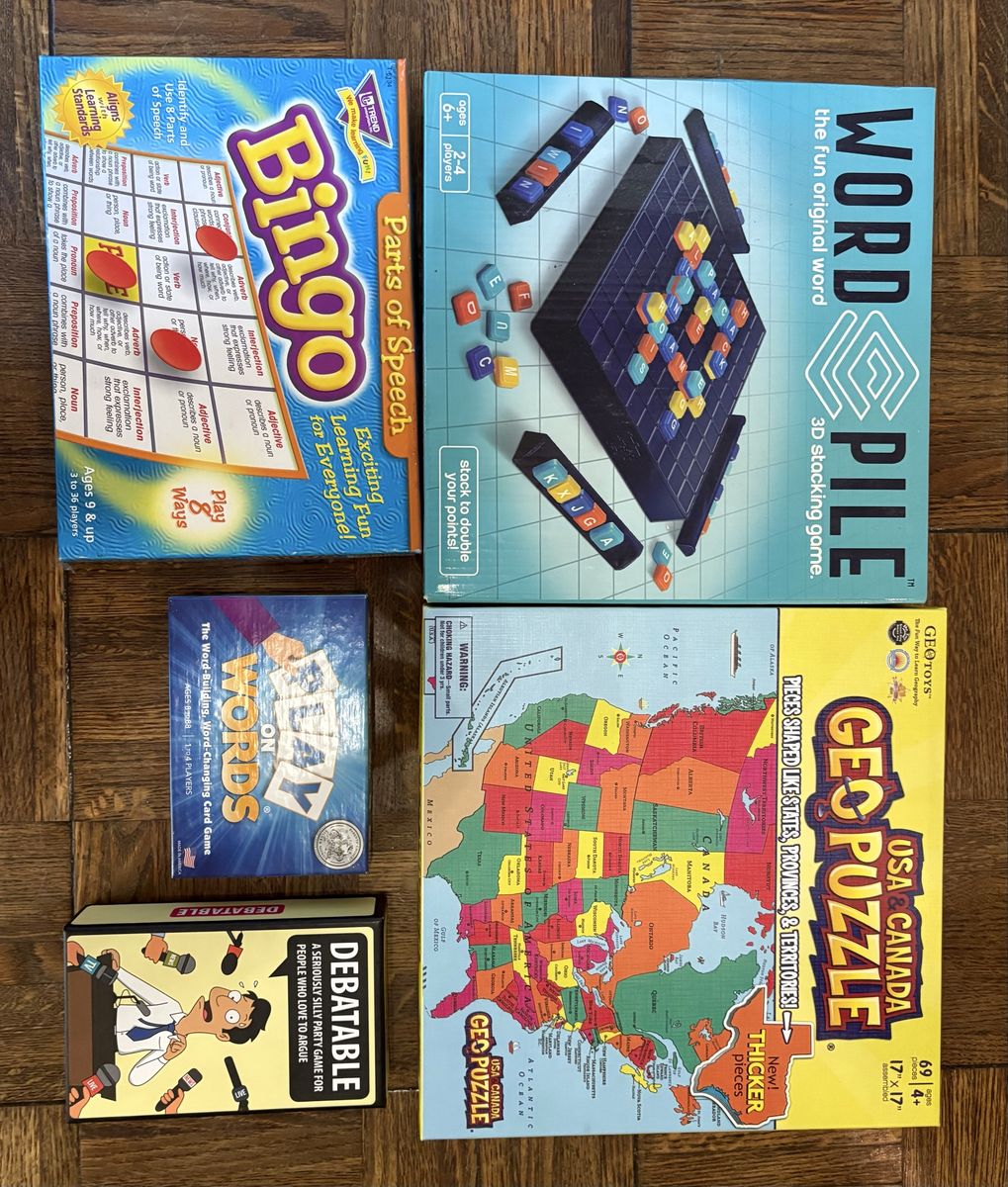 Board Game and Puzzle Lot - Word Pile, GeoPuzzle USA & Canada, Bingo, Debatable & Play On Words