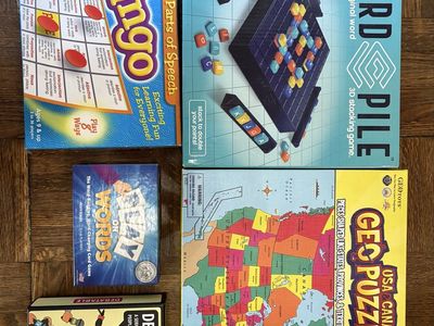 Board Game and Puzzle Lot - Word Pile, GeoPuzzle USA & Canada, Bingo, Debatable & Play On Words