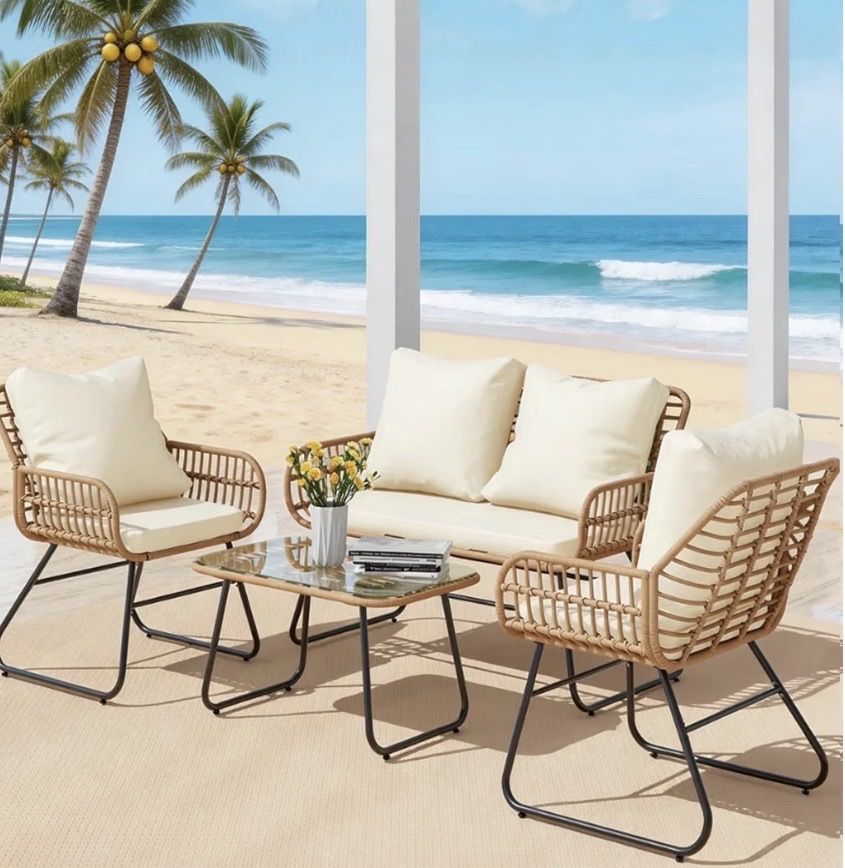 NEW 4 piece wicker outdoor patio set with table 2 chairs and loveseat