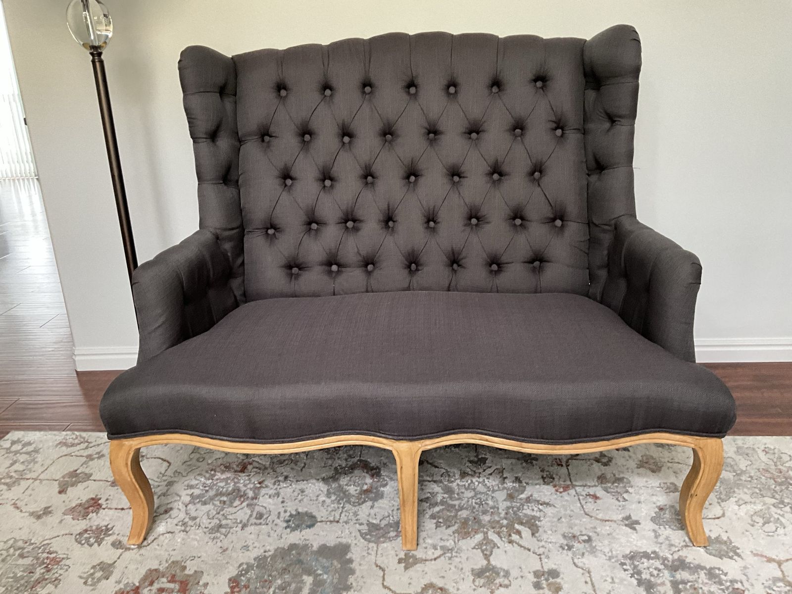 Dark Gray Tufted Wingback Loveseat Settee with Exposed Wooden Legs