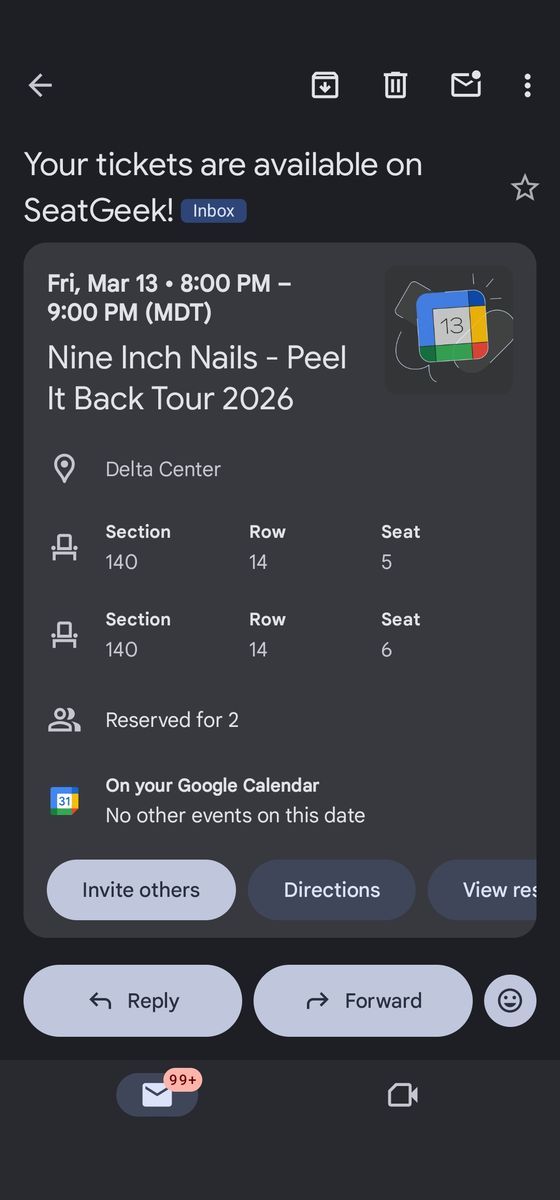 Two Nine Inch Nails Concert Tickets 8 PM Delta Center Friday 3/13/2026