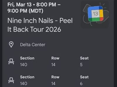 Two Nine Inch Nails Concert Tickets 8 PM Delta Center Friday 3/13/2026