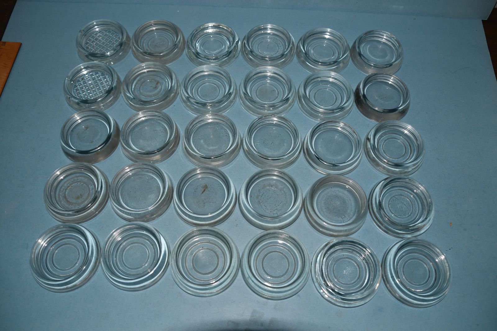 Lot of 30 Vintage 3" clear glass furniture coasters or can be used for small pets or bird feeders.