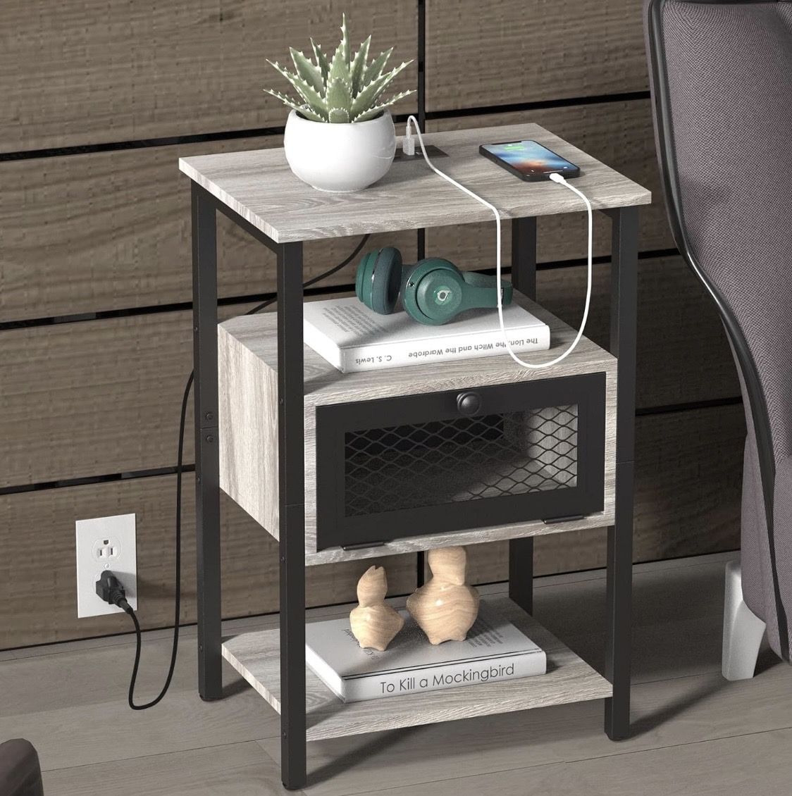 Nightstand/End & Side Table with Charging Station