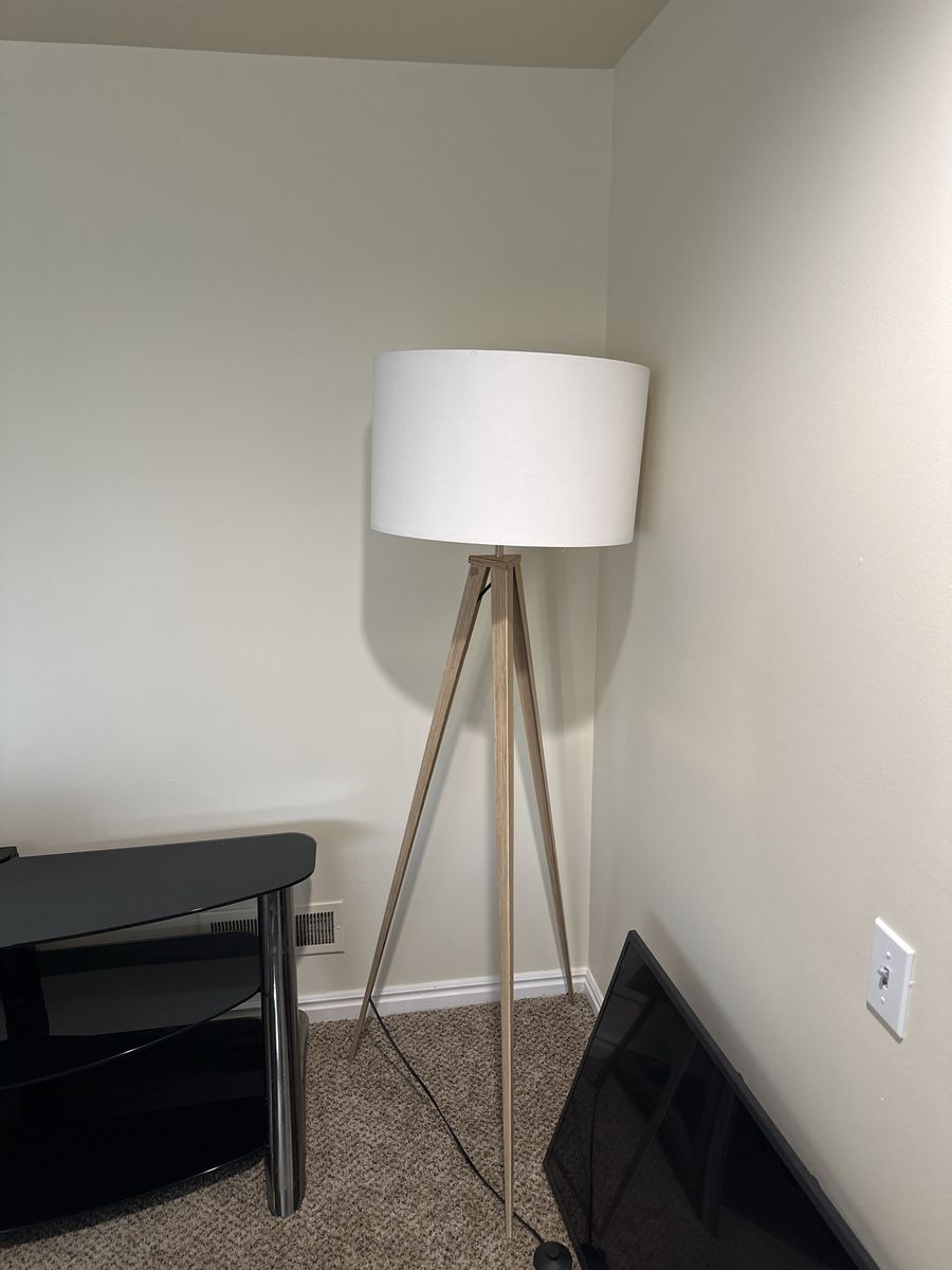 Modern Tripod Floor Lamp with White Drum Shade - Wood Finish, Excellent Condition