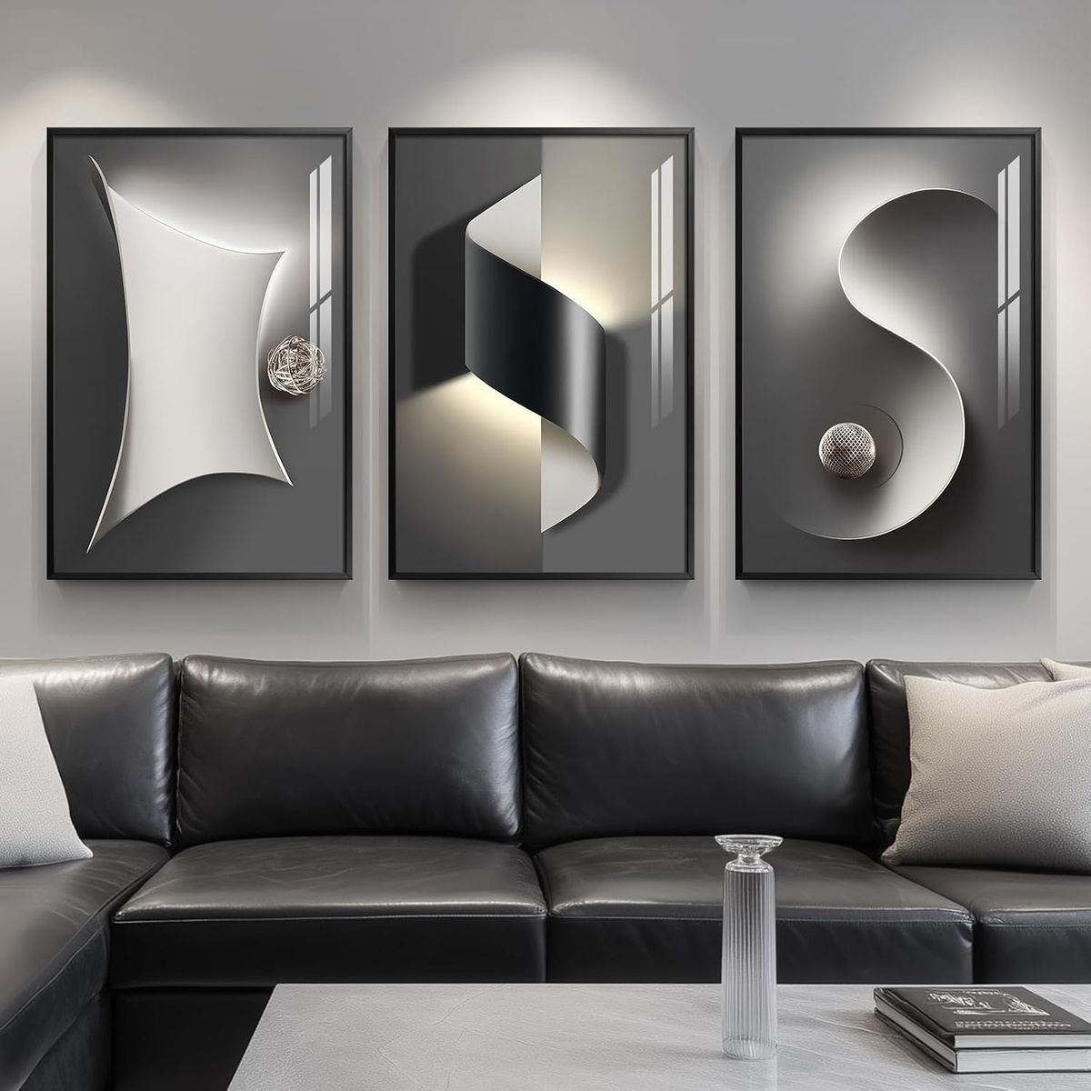 NEW 24X36 3 Piece Framed Modern Black and White Abstract Wall Art for Living Room, Large Bright Style Silvery