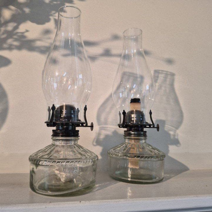 Vintage Clear Glass Kerosene Oil Lamps with Chimneys (Pair)