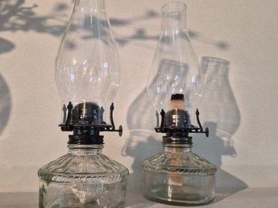 Vintage Clear Glass Kerosene Oil Lamps with Chimneys (Pair)