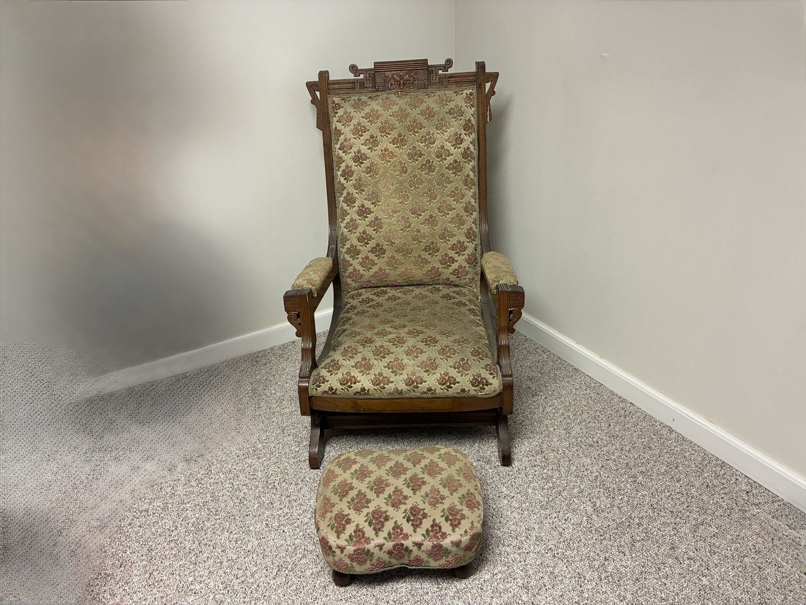 Antique Victorian Wood Rocking Chair with Matching Footstool Floral Upholstery