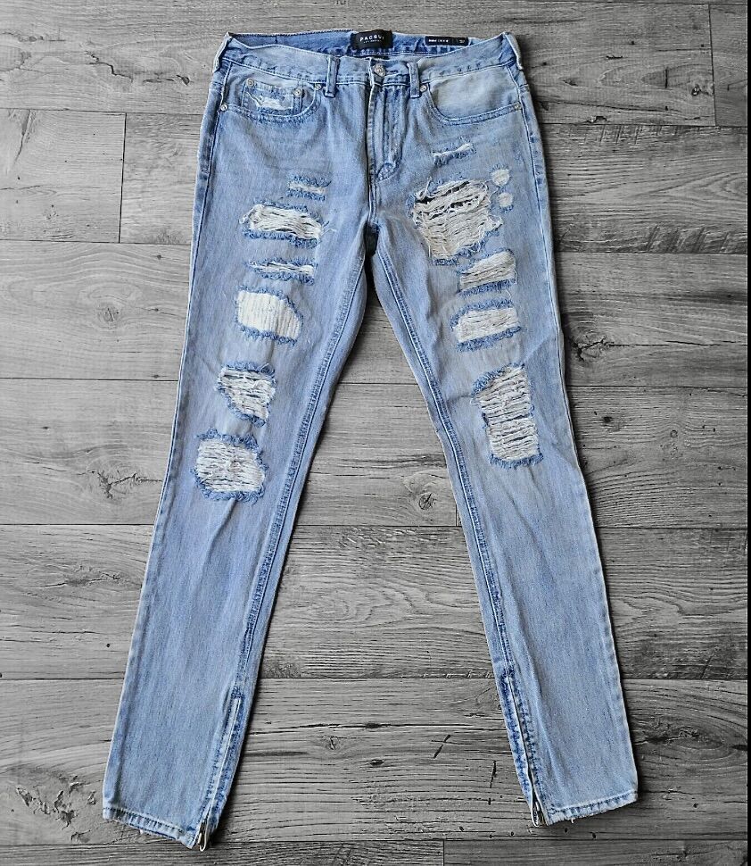 Pacsun Mens 32 x 32 Vertical Stretch Blue Distressed Stud Skinny Jeans