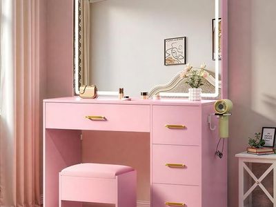 YITAHOME Makeup Vanity Desk, LED Lights: 35" Large Mirror, Power Outlets, 4 Drawers & Stool, Pink