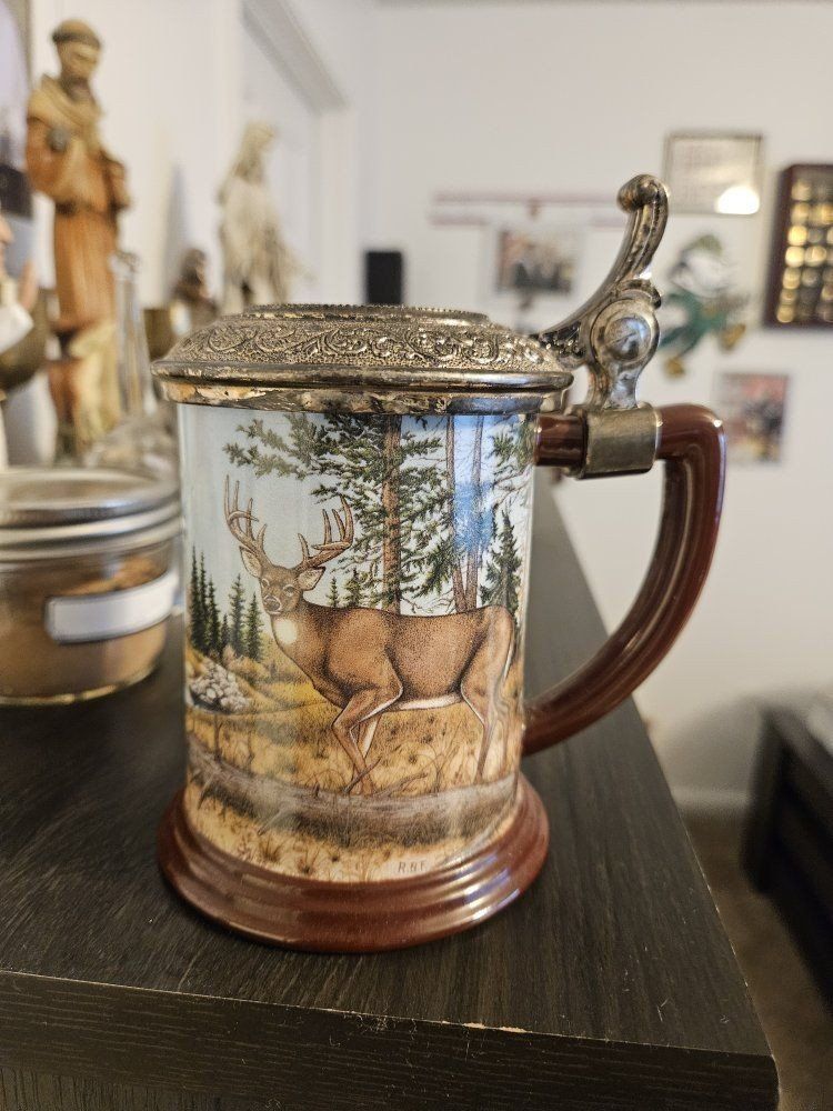 Vintage Ceramic Deer Beer Stein with Ornate Metal Lid and Thumb Lift