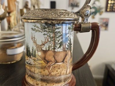 Vintage Ceramic Deer Beer Stein with Ornate Metal Lid and Thumb Lift