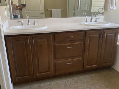 72” Solid Alder vanity with counter, two sinks
