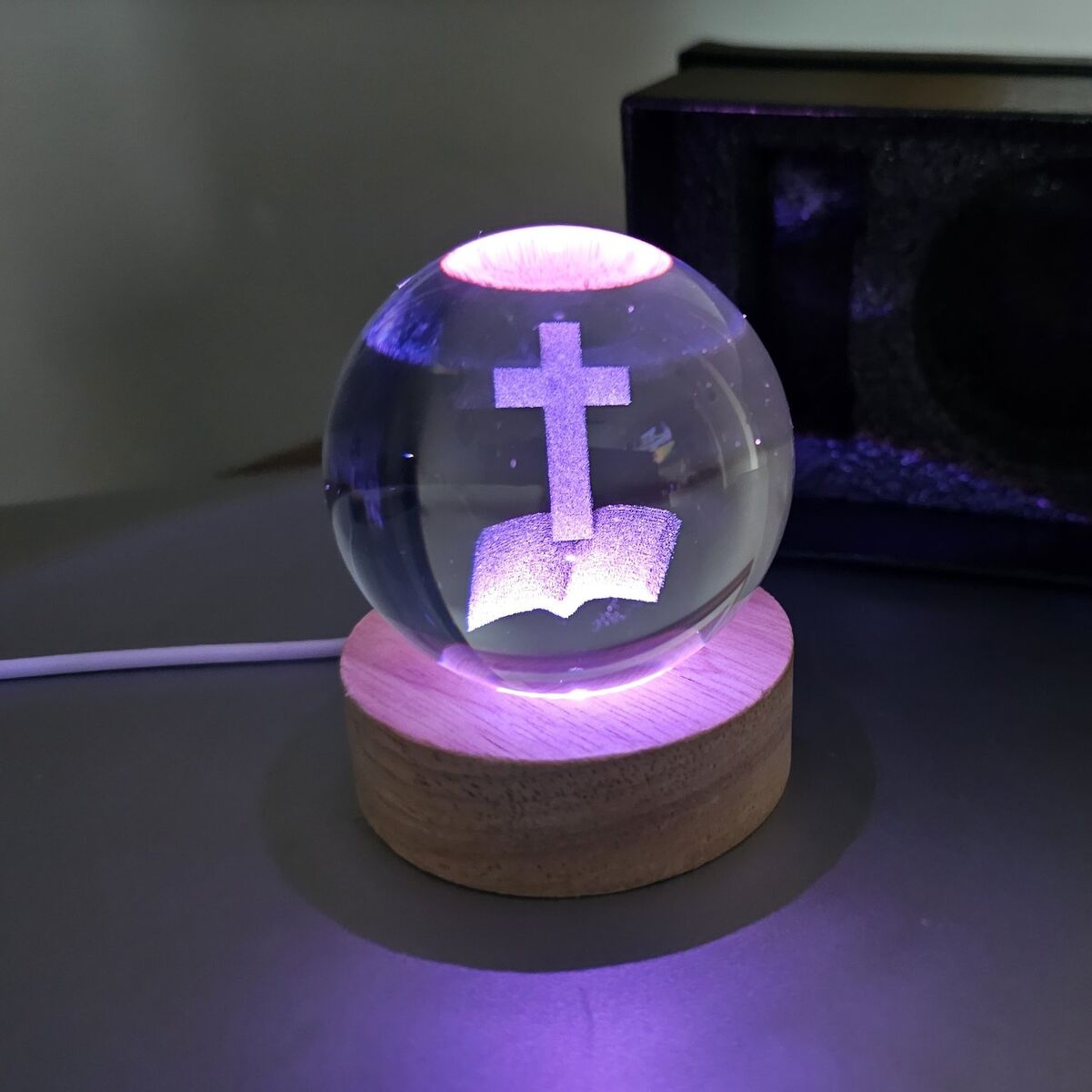 3D Cross Crystal Ball with Wooden Light Base
