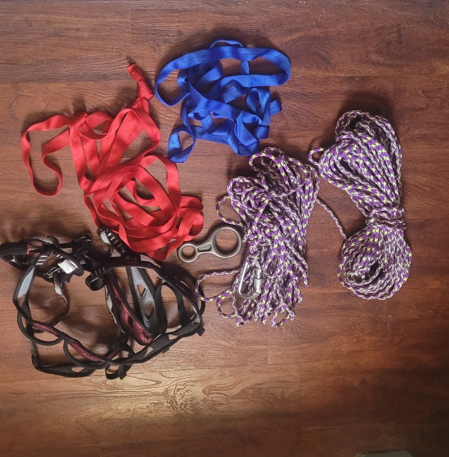 Used Climbing Gear Lot: Harness, Ropes, Carabiner, Belay Device, Slings