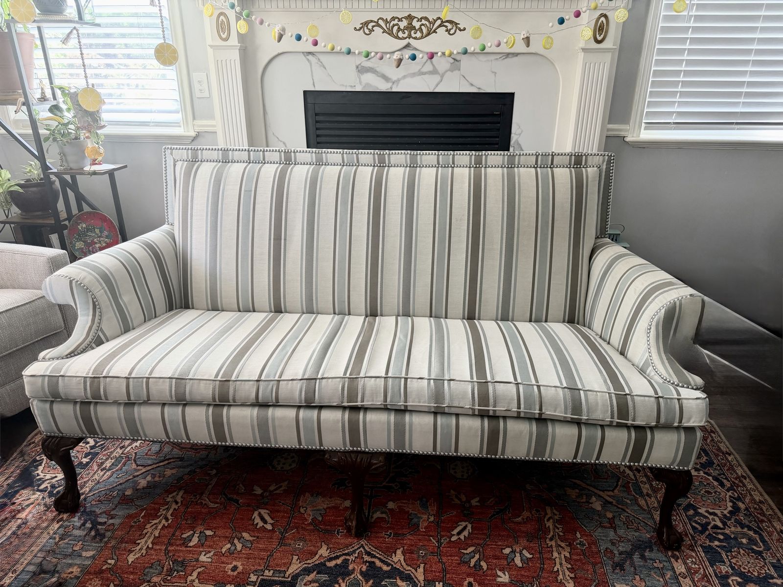 Elegant Striped Sofa w/ Nailhead Trim & Cabriole Legs - 73" W, Grey/Blue/Cream