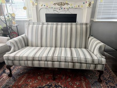 Elegant Striped Sofa w/ Nailhead Trim & Cabriole Legs - 73" W, Grey/Blue/Cream