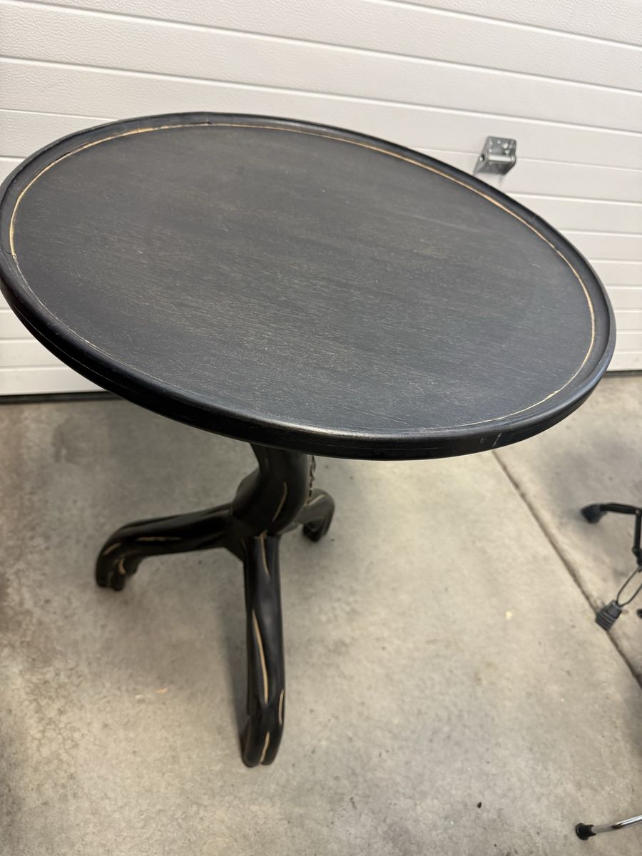 Black Distressed Wooden Round Accent Side Table with Pedestal Base