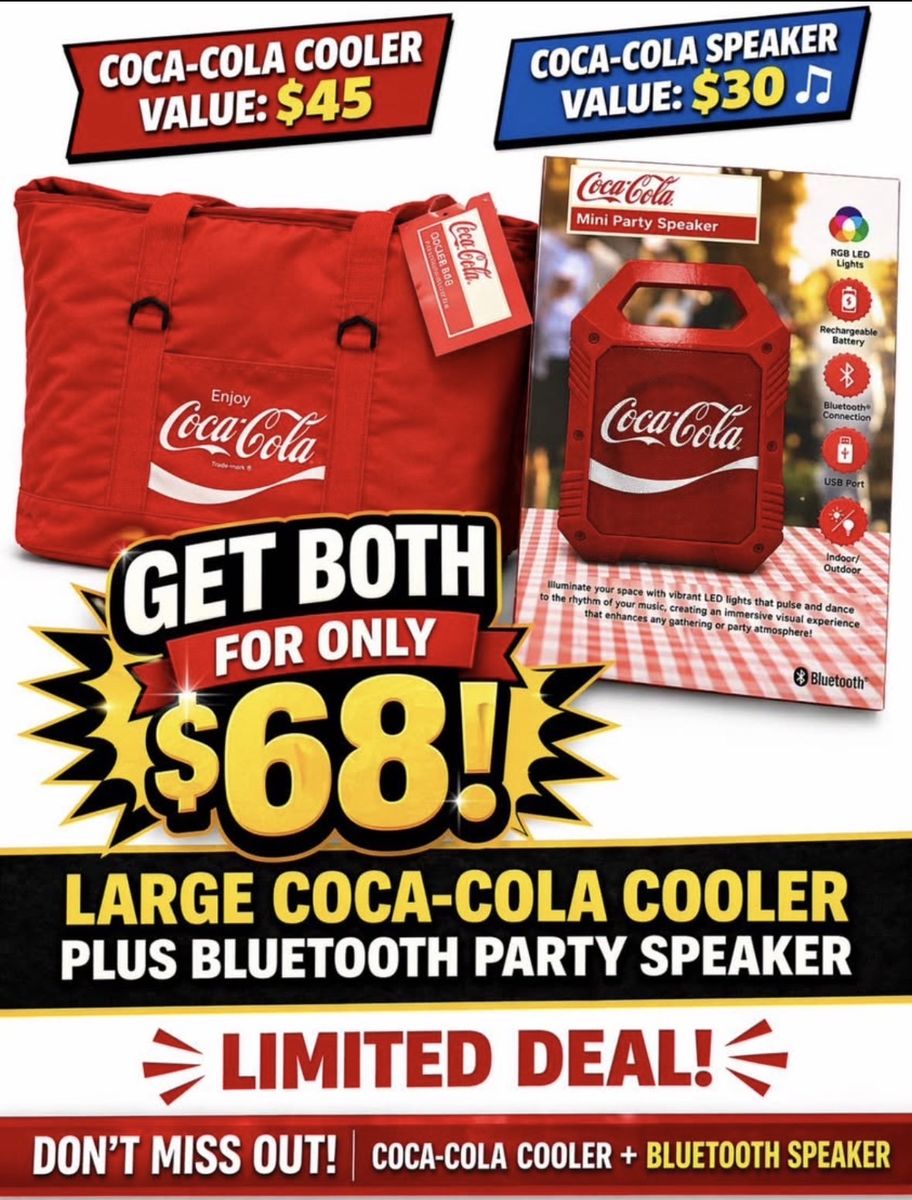 Coca-Cola Cooler Bag & Mini Bluetooth Party Speaker with RGB LED Lights - New Set!