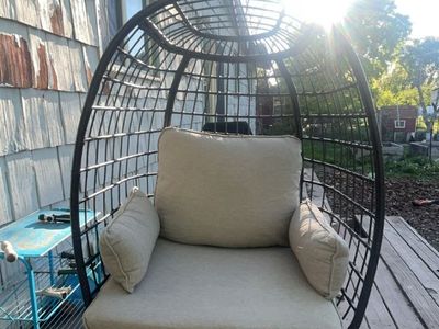 Outdoor Wicker Egg Chair with Cushion - Black/brown Frame, Tan Cushion - Swivel Base Patio Seating