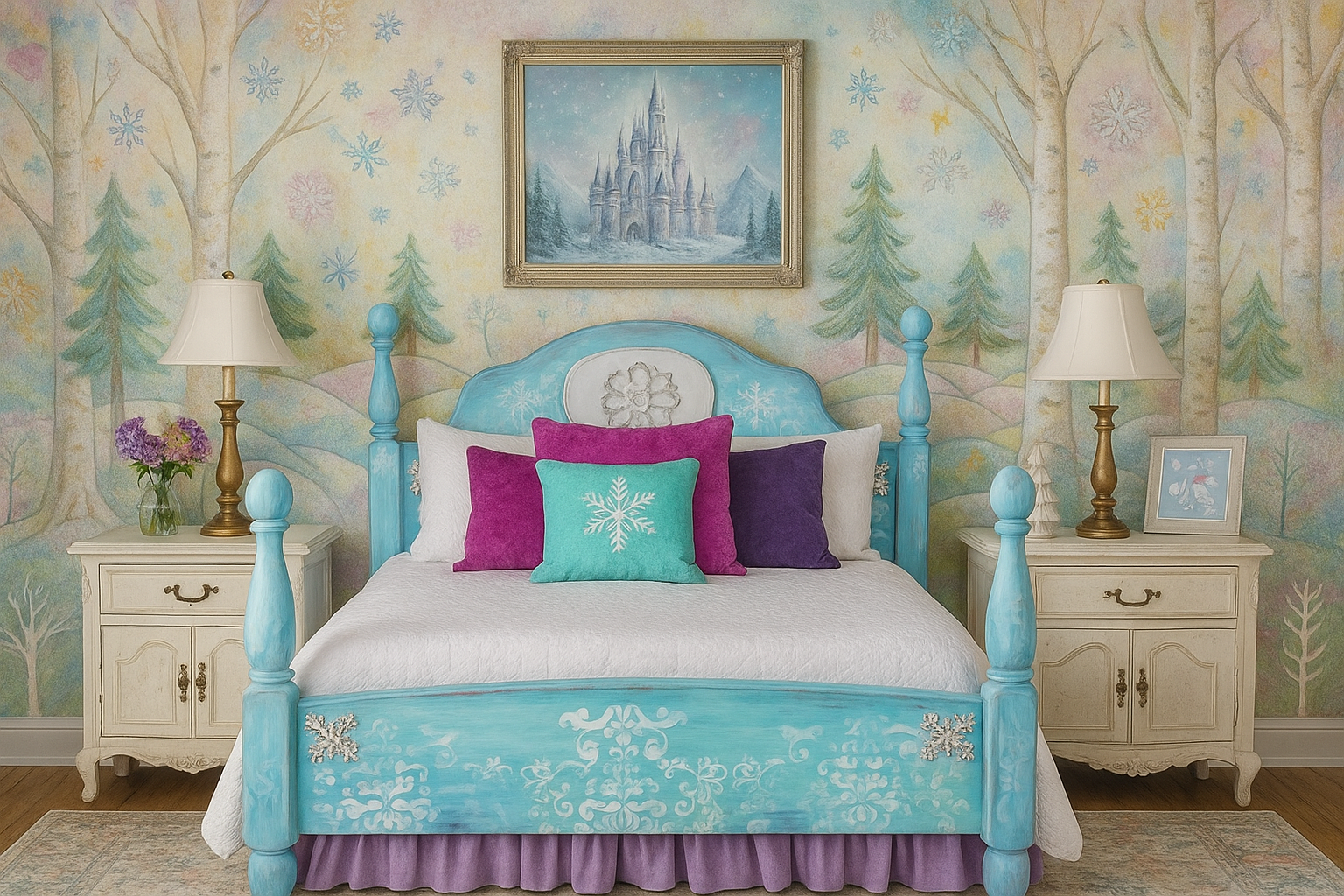 Nordic Ice Princess Full Size Bed Frozen Blue Elsa Girl's French Cottagecore Shabby Chic Hand-painted Scandinavian Whimsical