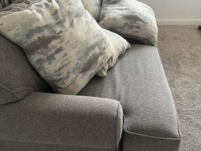 Gray Upholstered Fabric Sofa with Matching Throw Pillows