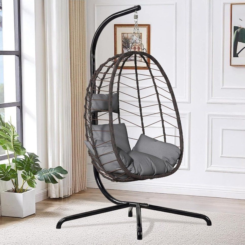 !BRAND NEW Hanging Egg Chair with Stand – Brown & Gray Cushions