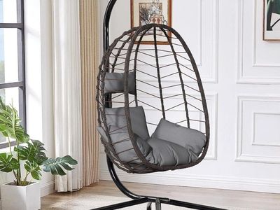!BRAND NEW Hanging Egg Chair with Stand – Brown & Gray Cushions