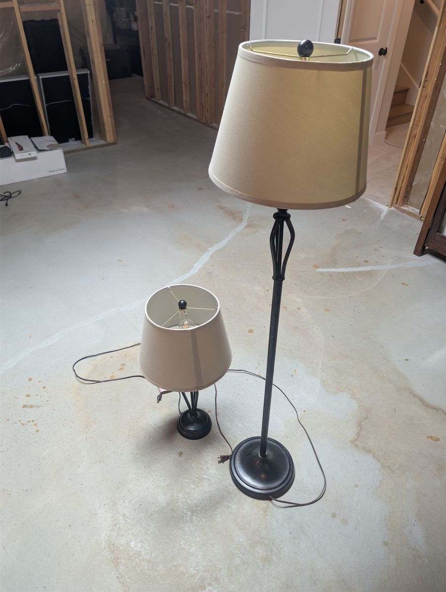 Two Lamps with matching stands, one floor, one desktop.