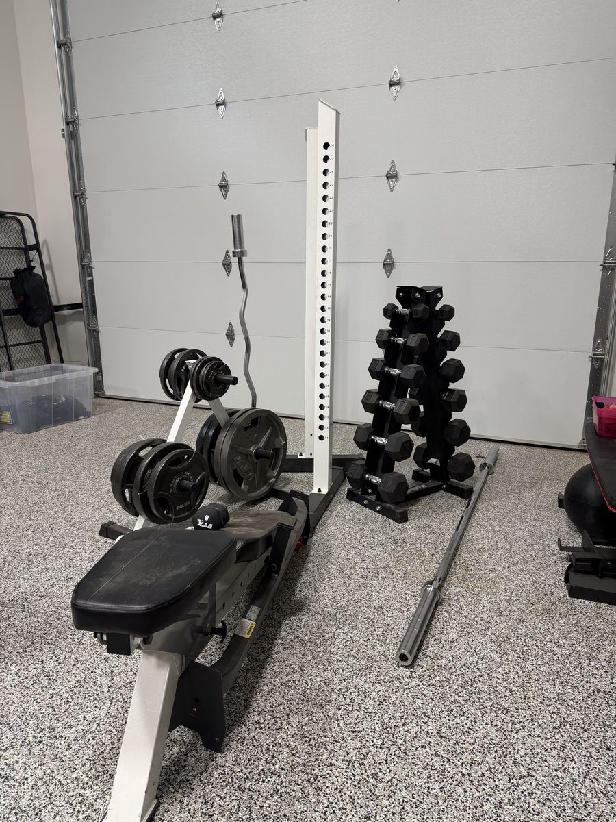 squat rack bench and weights 